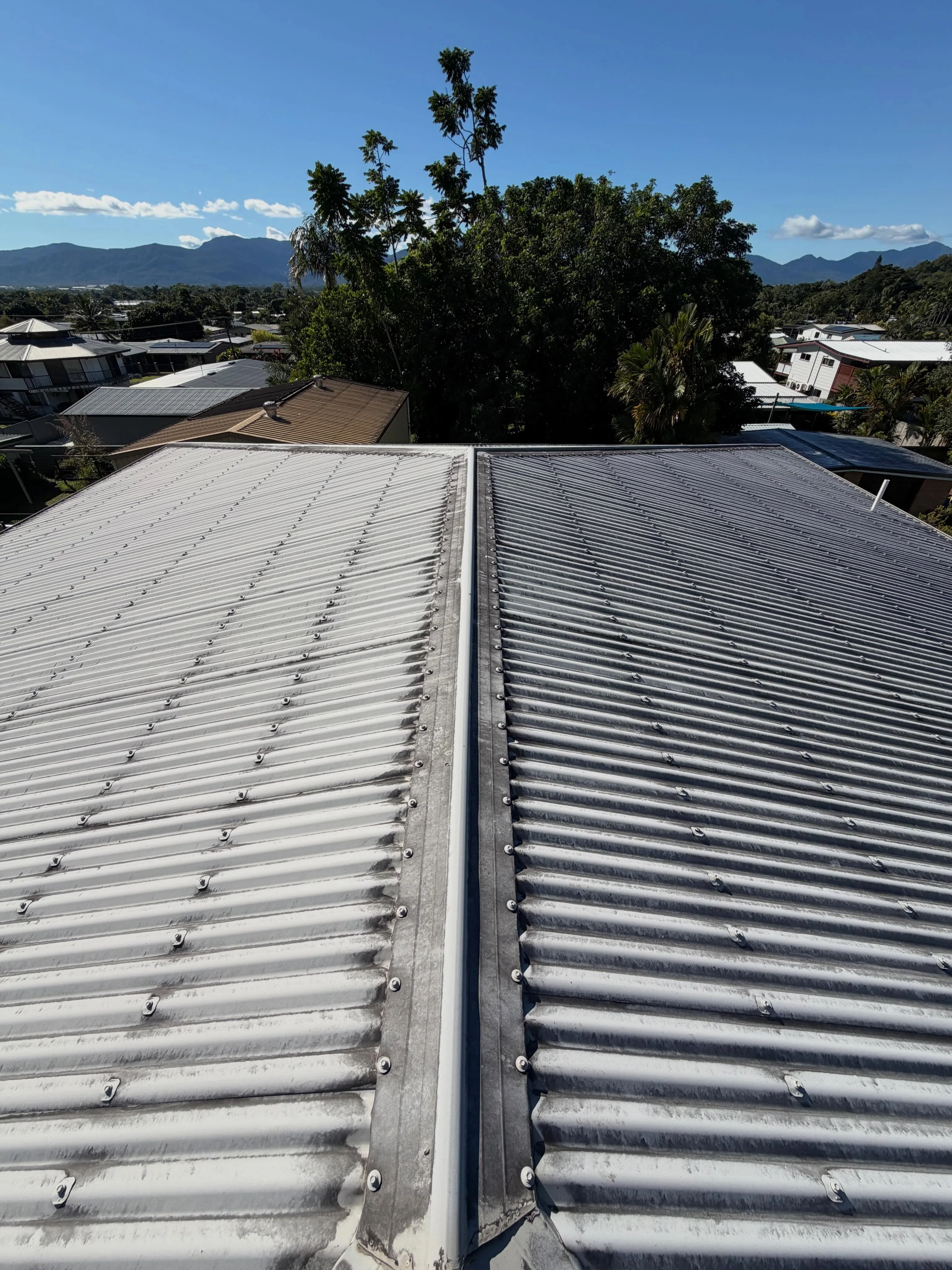 Scenic roof wash overlooking the rainforest! Soft-washing metal roofing to preserve paint coatings and eliminate mold at the roots.